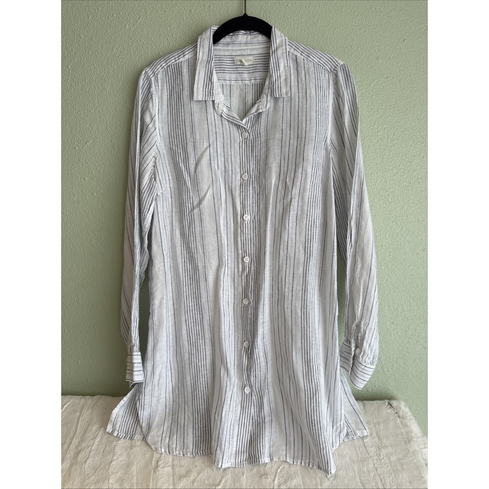 Garnet Hill Linen Tunic Top Women's White Striped Long Sleeve Button Up Coastal